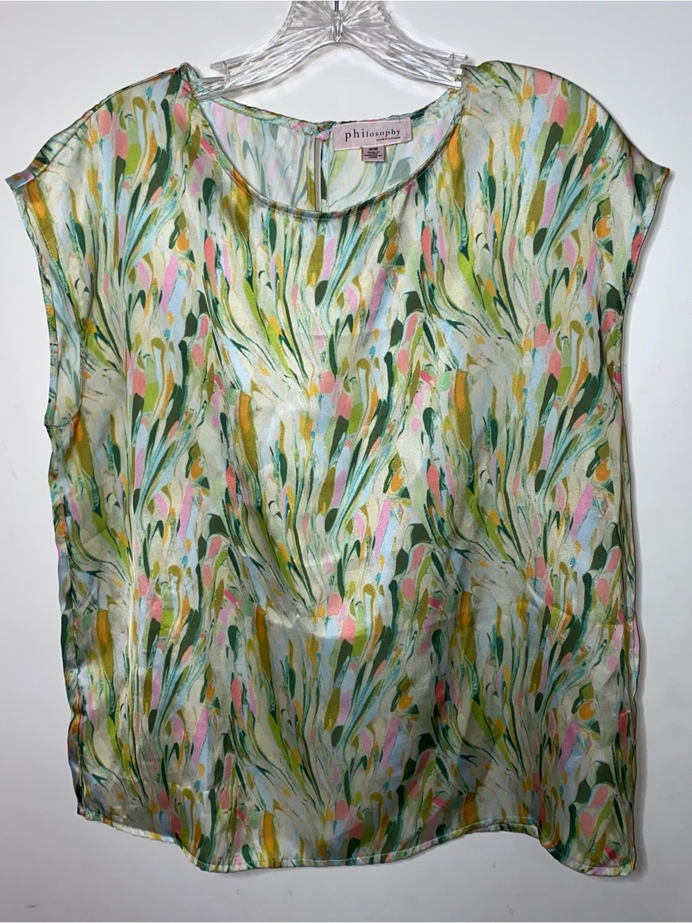 Philosophy Women's Swirl of color Short Sleeve Top Blouse Size Medium Pink Green